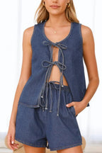 Tied Front V-Neck Vest and Shorts Denim Set