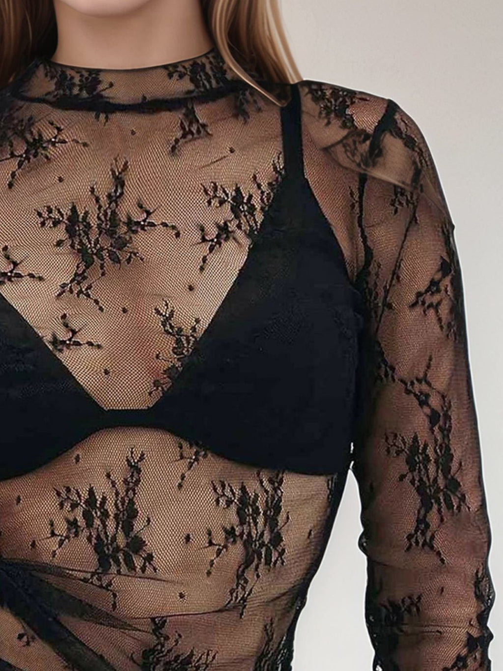 Floral Mock Neck Long Sleeve Mesh Top