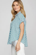She + Sky Full Size Printed Johnny Collar Short Sleeve Blouse Plus Size