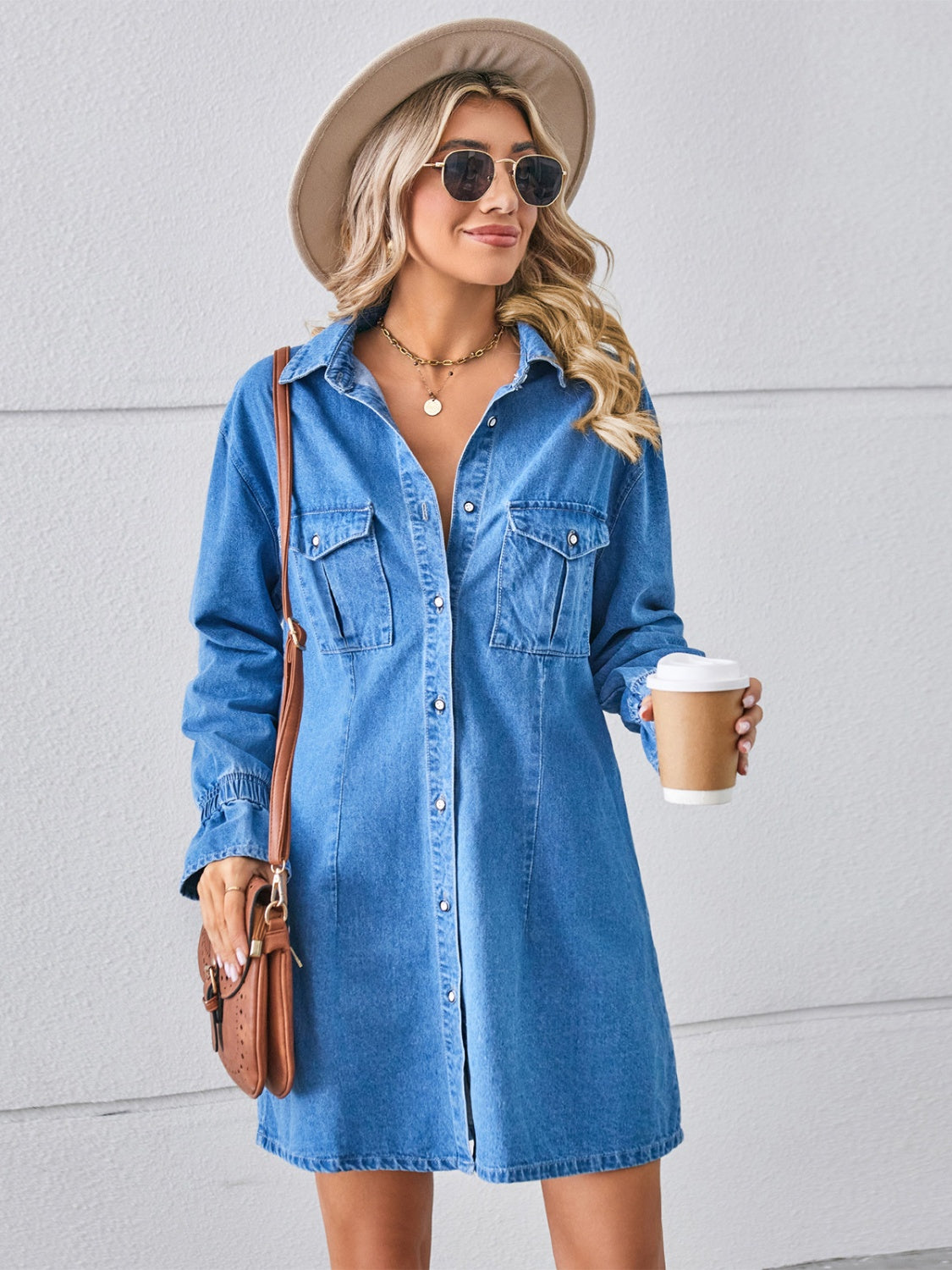 Pocketed Dropped Shoulder Mini Denim Dress - felvior