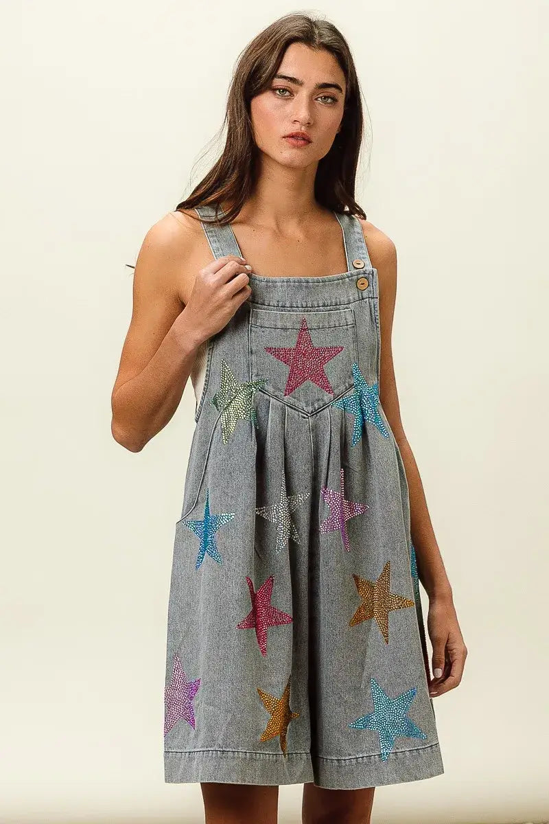 BiBi Star Rhinestone Washed Wide Leg Shortalls