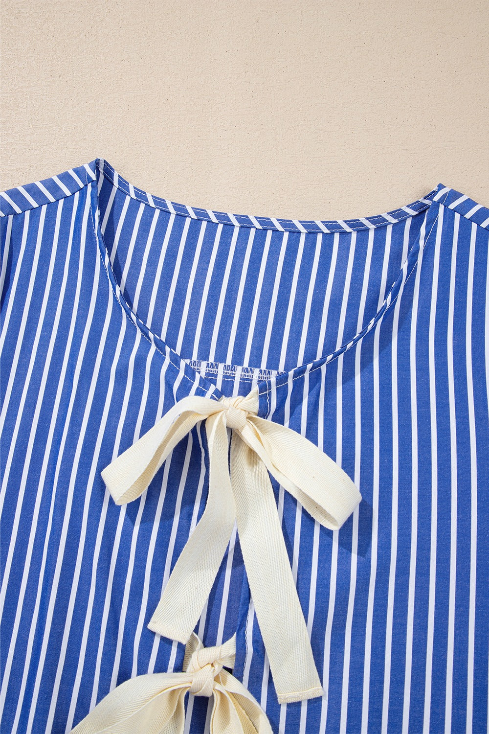 Stripe Tied Front Puff Short Sleeve Top - felvior