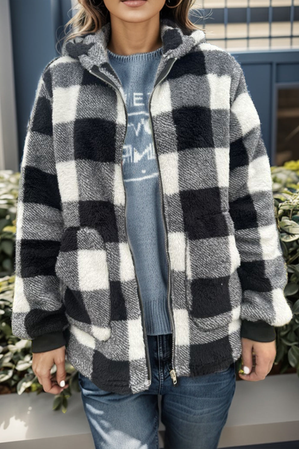 Double Take Full Size Plaid Long Sleeve Hooded Coat - felvior