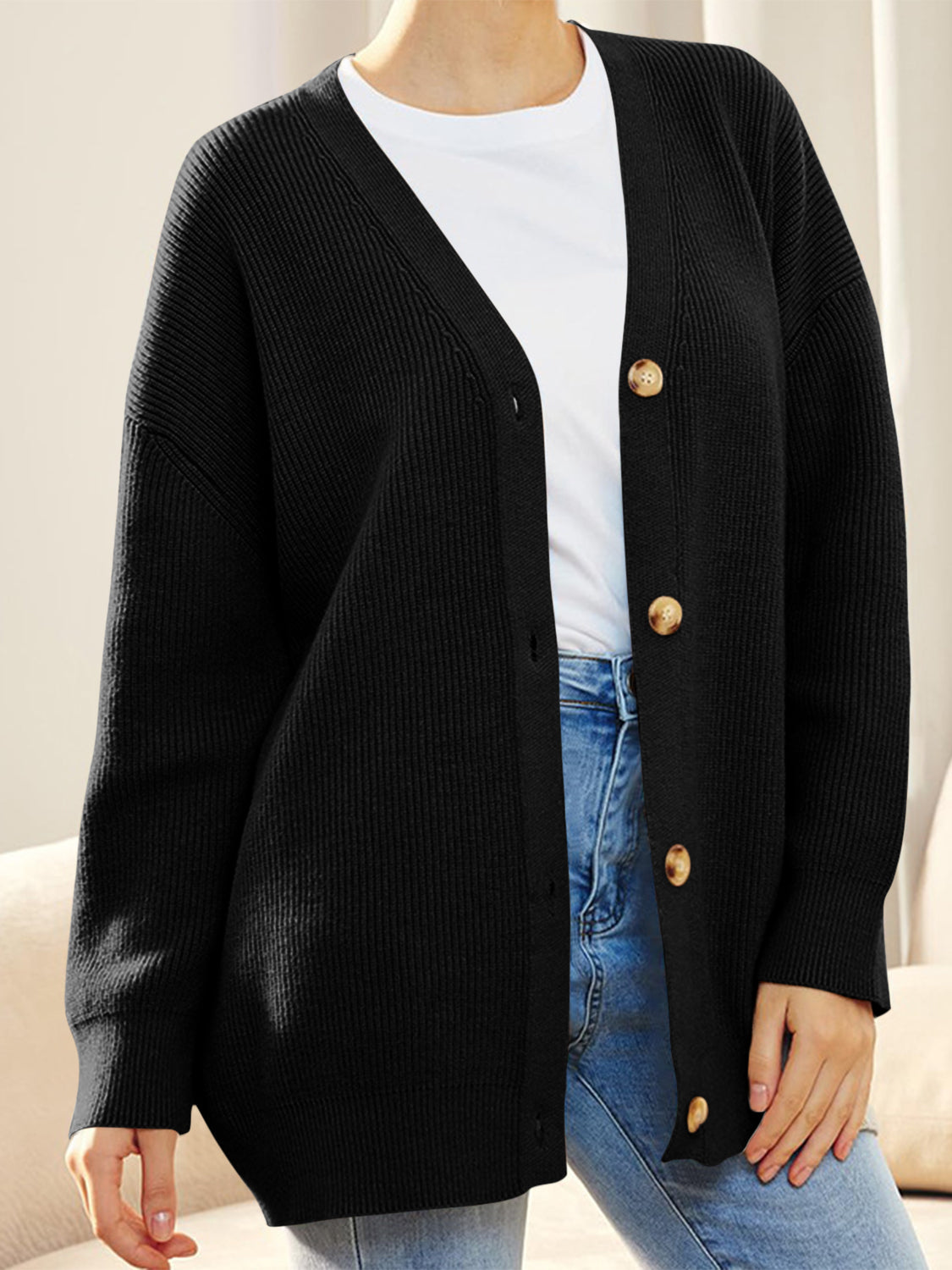 Button Down V-Neck Long Sleeve Cardigan - felvior