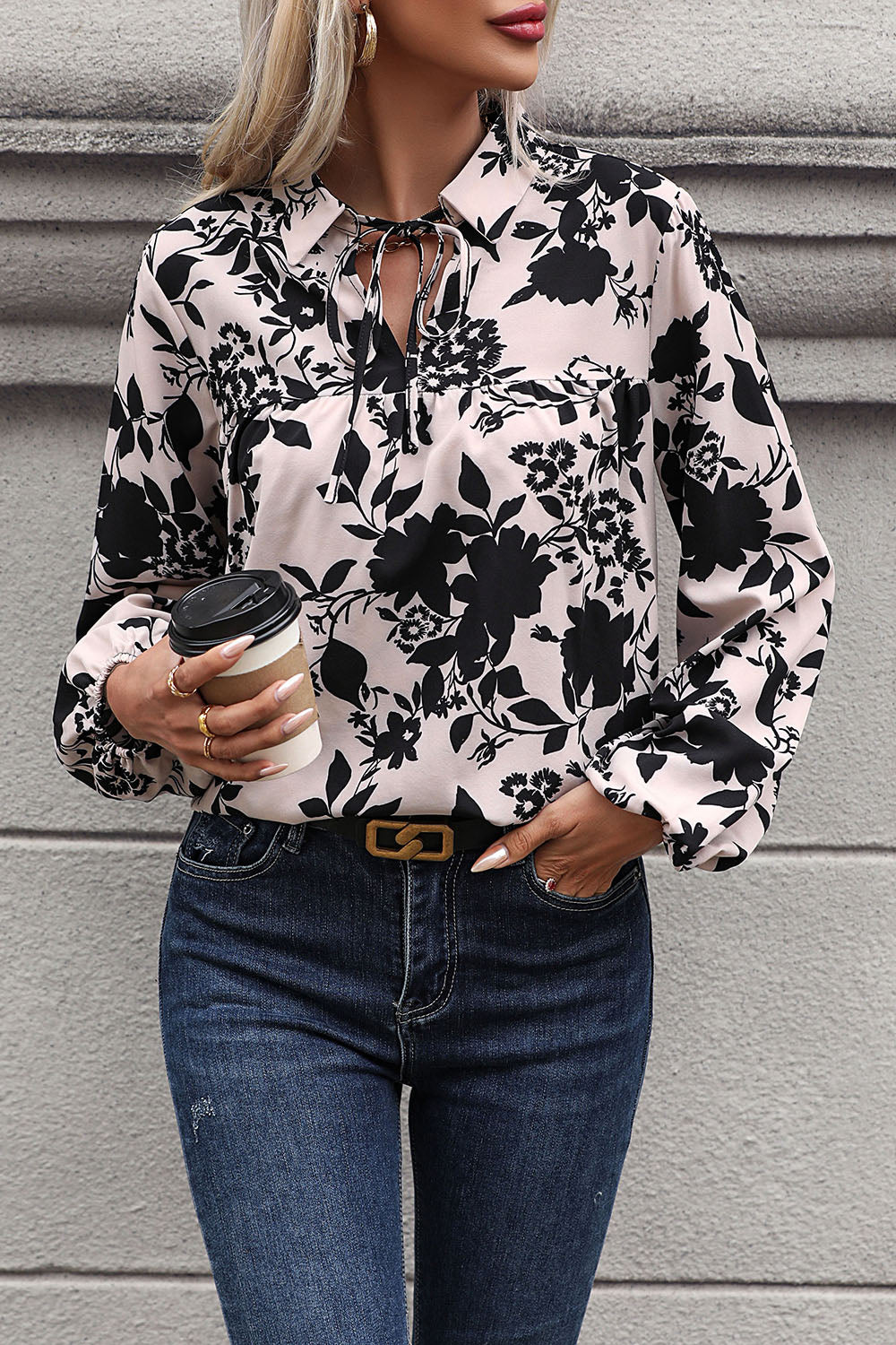 Perfee Printed Tie Neck Balloon Sleeve Blouse - felvior