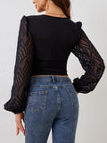 Lace Patchwork Plunge Long Sleeve Blouse - felvior