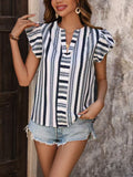 Contrast Striped Notched Ruffled Cap Sleeve Blouse - felvior