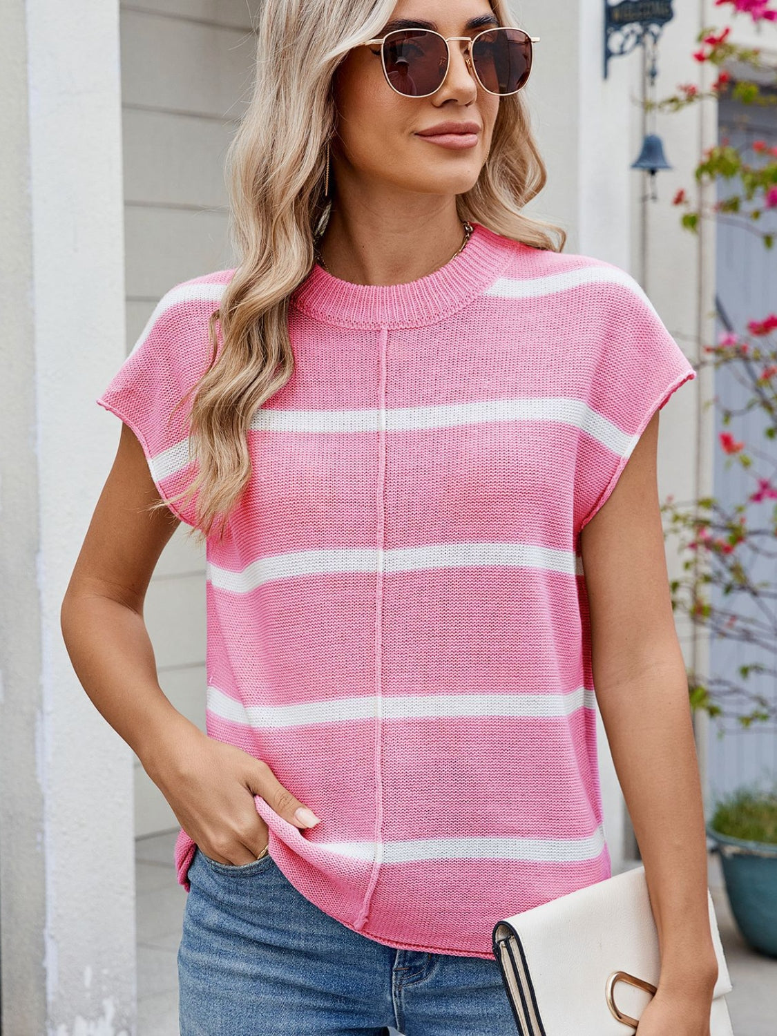 Exposed Seam Striped Round Neck Knit Top - felvior
