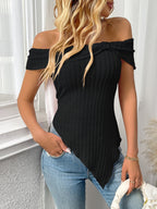 Ribbed Off-Shoulder Asymmetrical Hem T-Shirt