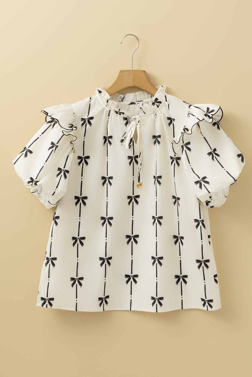 Bow Print Tie Neck Short Sleeve Blouse - felvior