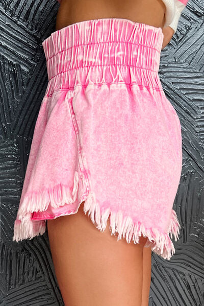 Washed Wide Smocked Waistband Frayed Denim Shorts - felvior