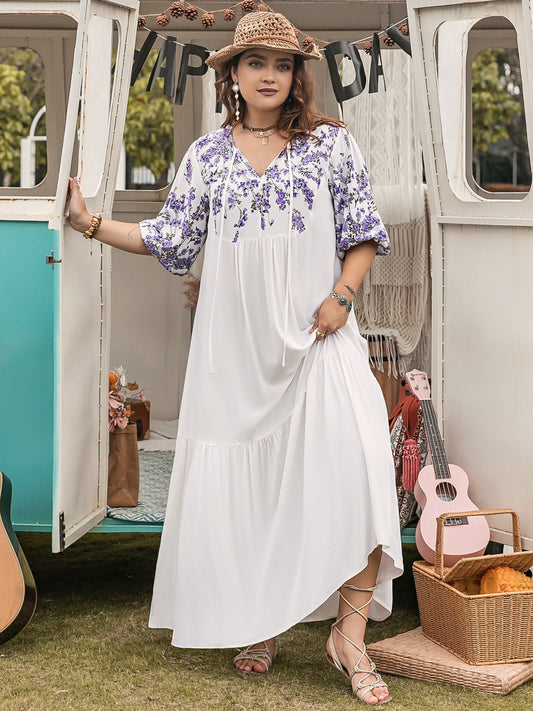 Plus Size Printed Tie Neck Half Sleeve Maxi Dress - felvior
