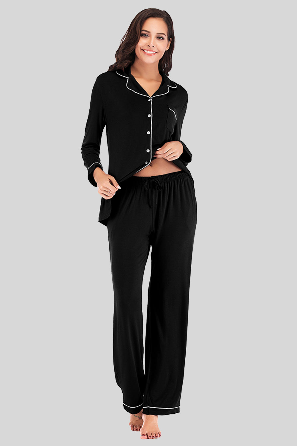 Collared Neck Long Sleeve Loungewear Set with Pockets - felvior