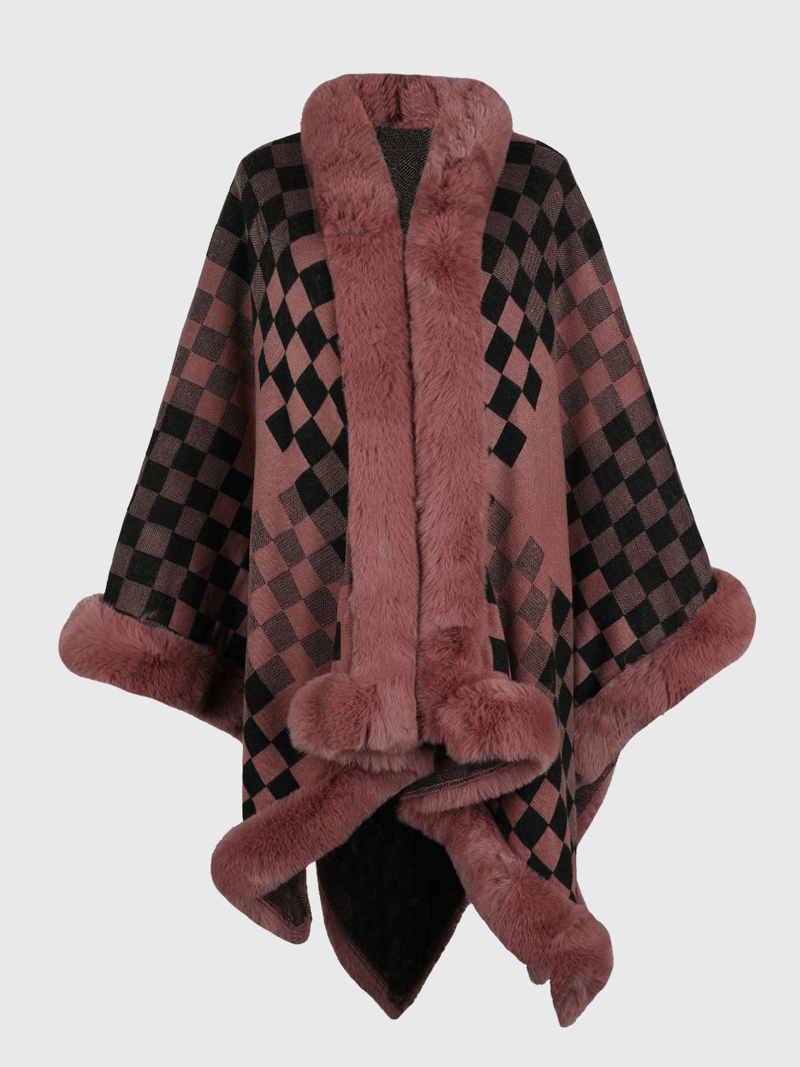 Checkered Faux Fur Trim Poncho - felvior