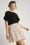 Umgee Full Size Round Neck Pleated Dress with Side Pockets Plus Size - felvior
