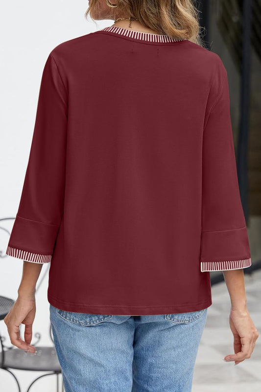 Contrast Trim Round Neck Three-Quarter Sleeve T-Shirt - felvior