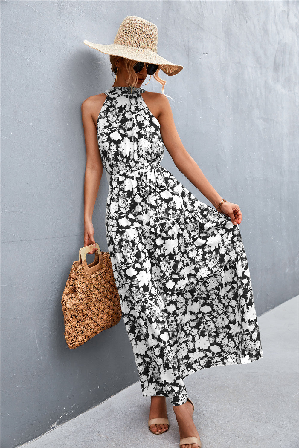 Printed Sleeveless Tie Waist Maxi Dress - felvior