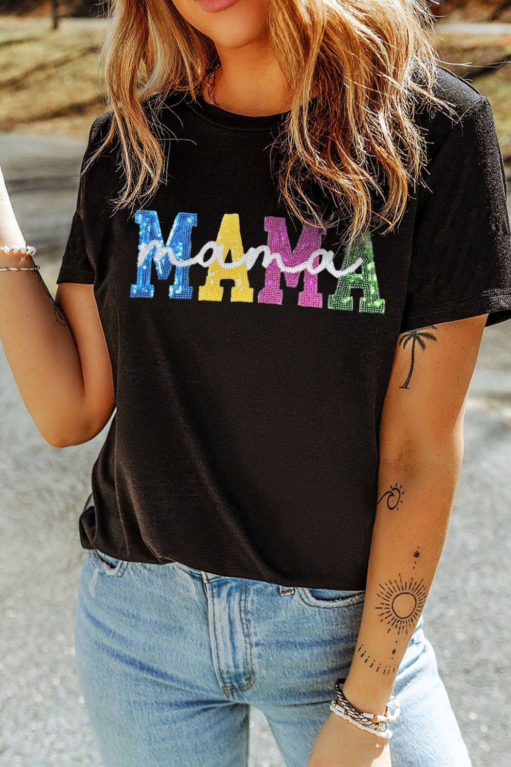 Sequin MAMA Round Neck Short Sleeve T-Shirt Hauptbild