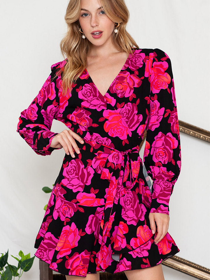 Floral Print Surplice Neck Long Sleeve Dress Hauptbild