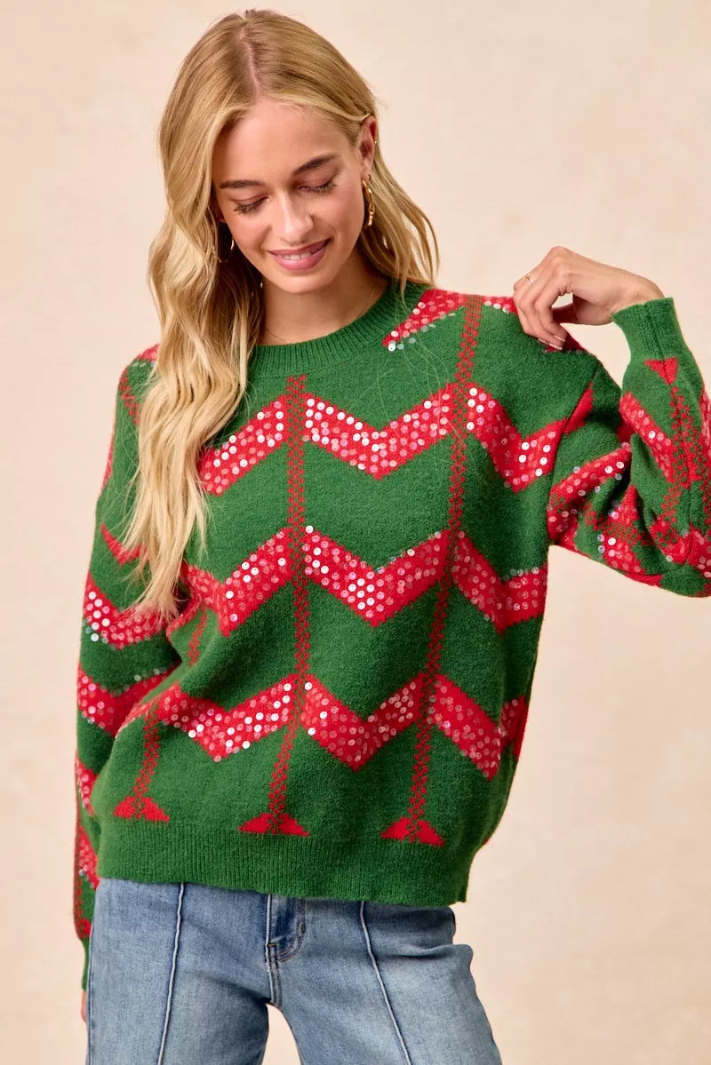 BiBi Christmas Theme Chevron Sequins Detail Sweater Image secondaire du produit