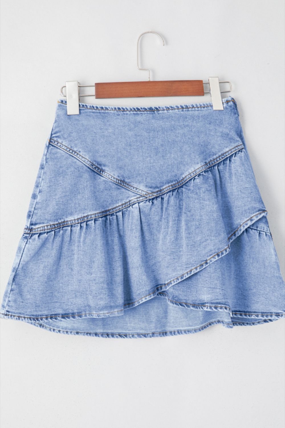 Asymmetric Ruffle Overlay Denim Mini Skirt - felvior