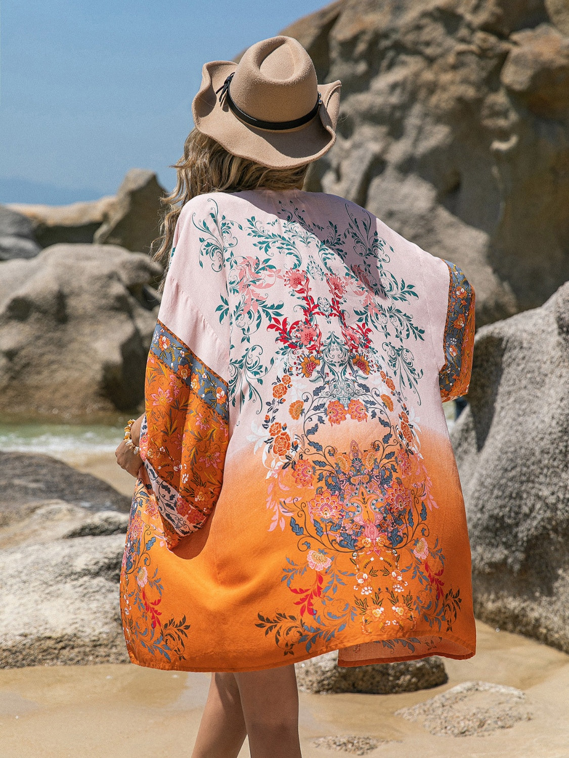Printed Open Front Long Sleeve Cover-Up - felvior