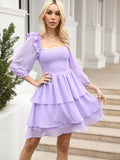Smocked Square Neck Layered Dress - felvior
