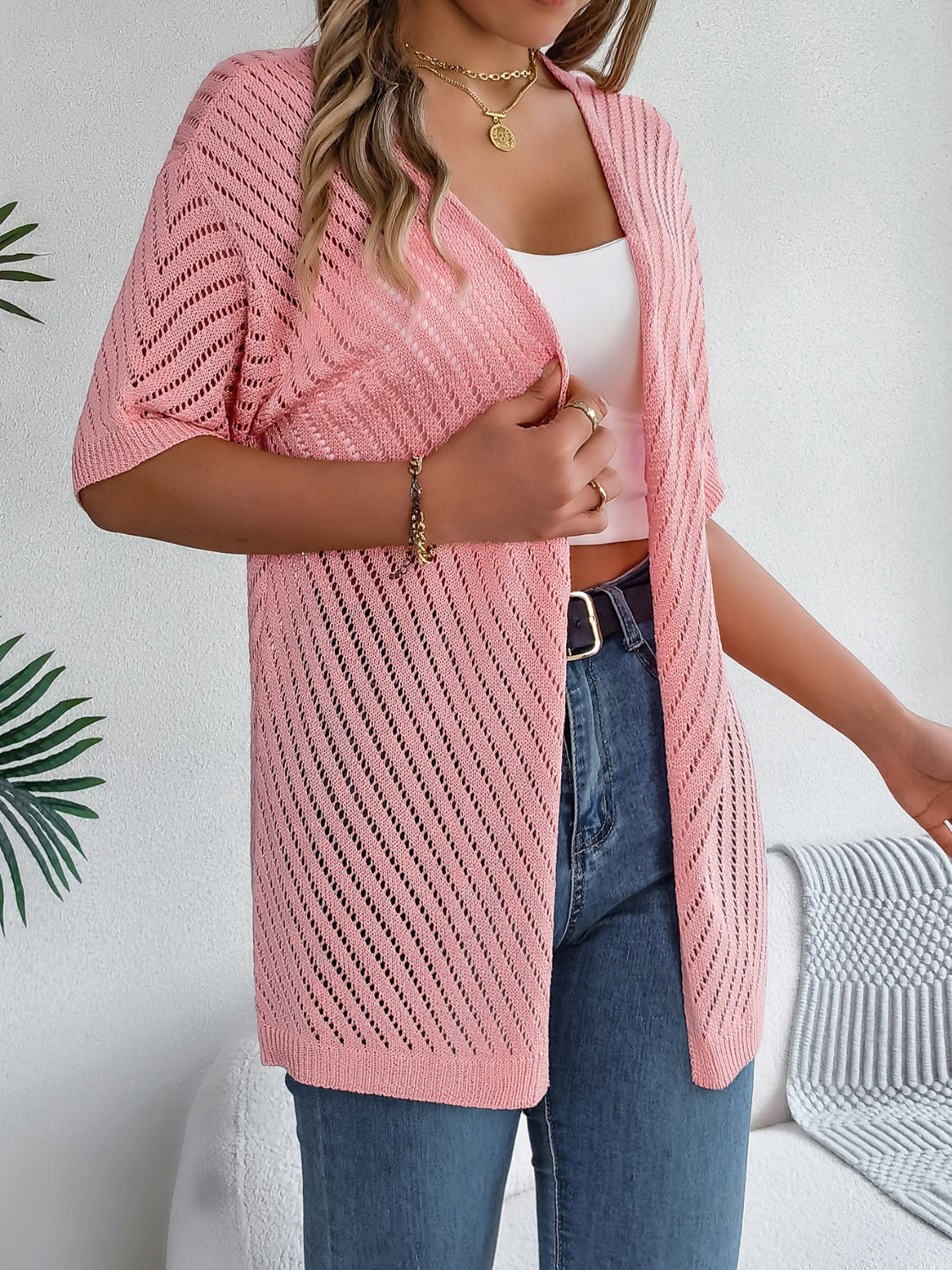 Openwork Open Front Half Sleeve Cardigan - felvior
