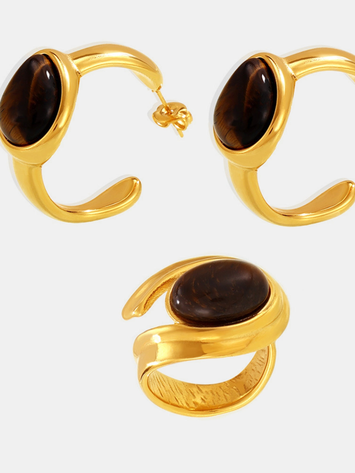 Stainless Steel Tigerite Ring and C-Hoop Earrings Set - felvior