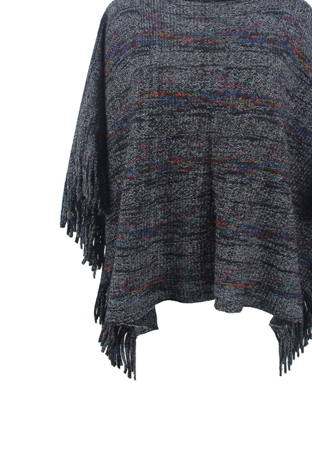 Round Neck Fringe Detail Sleeve Poncho - felvior