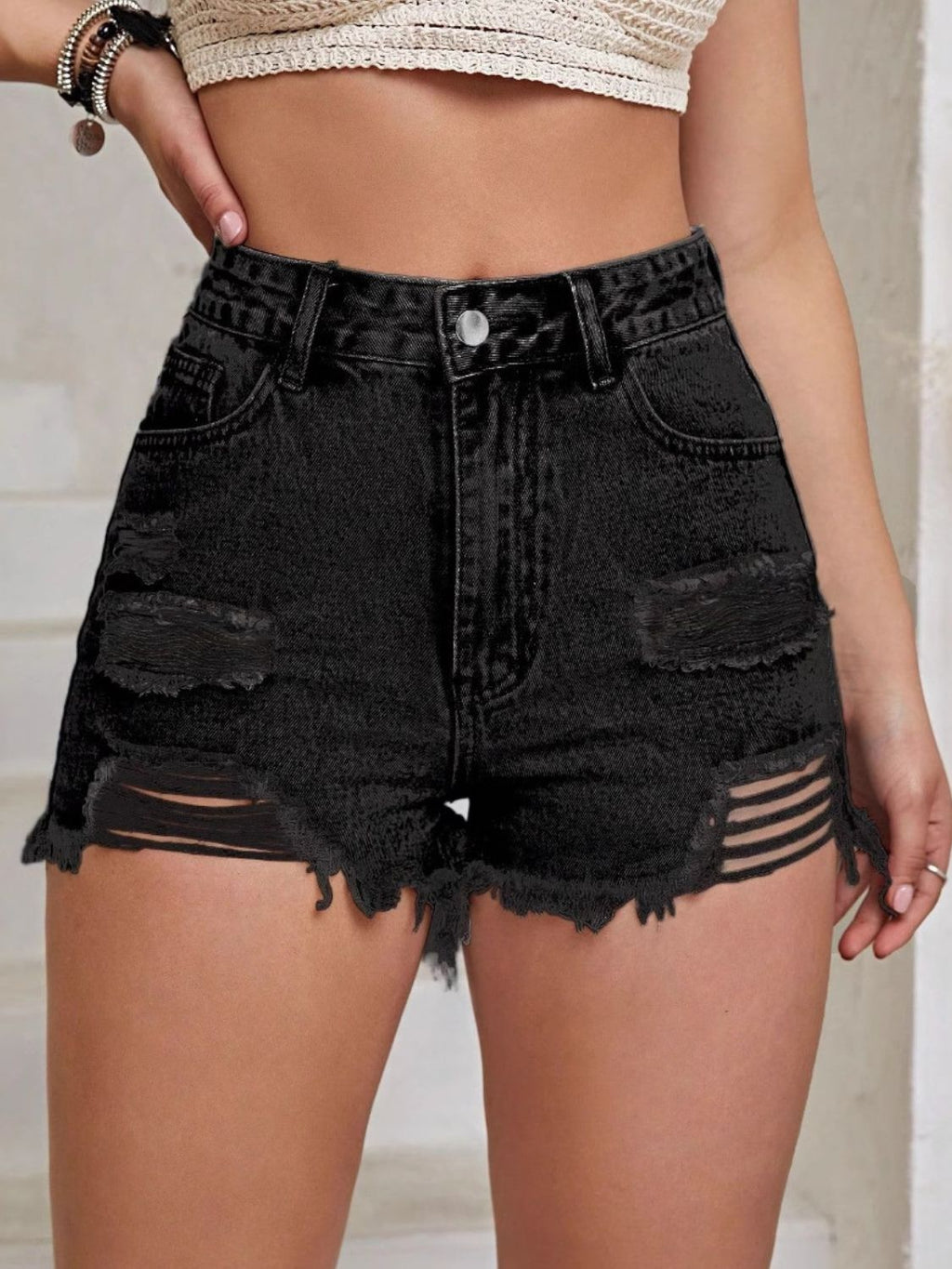 Distressed Raw Hem High Waist Denim Shorts