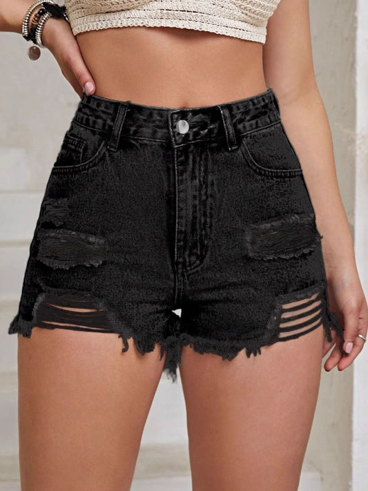 Distressed Raw Hem High Waist Denim Shorts - felvior