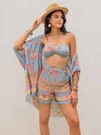 Printed Bra, Shorts and Cover Up Three-Piece Set