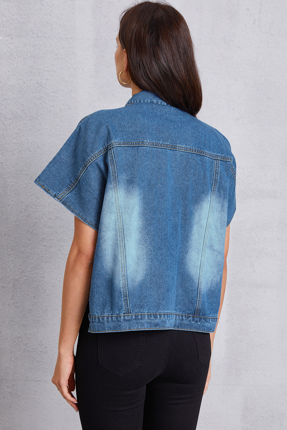 Pocketed Button Up Short Sleeve Denim Top - felvior