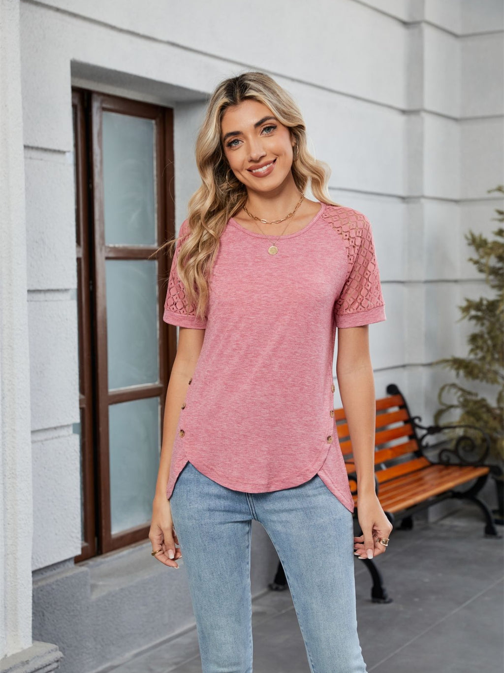 Round Neck Lace Short Sleeve T-Shirt