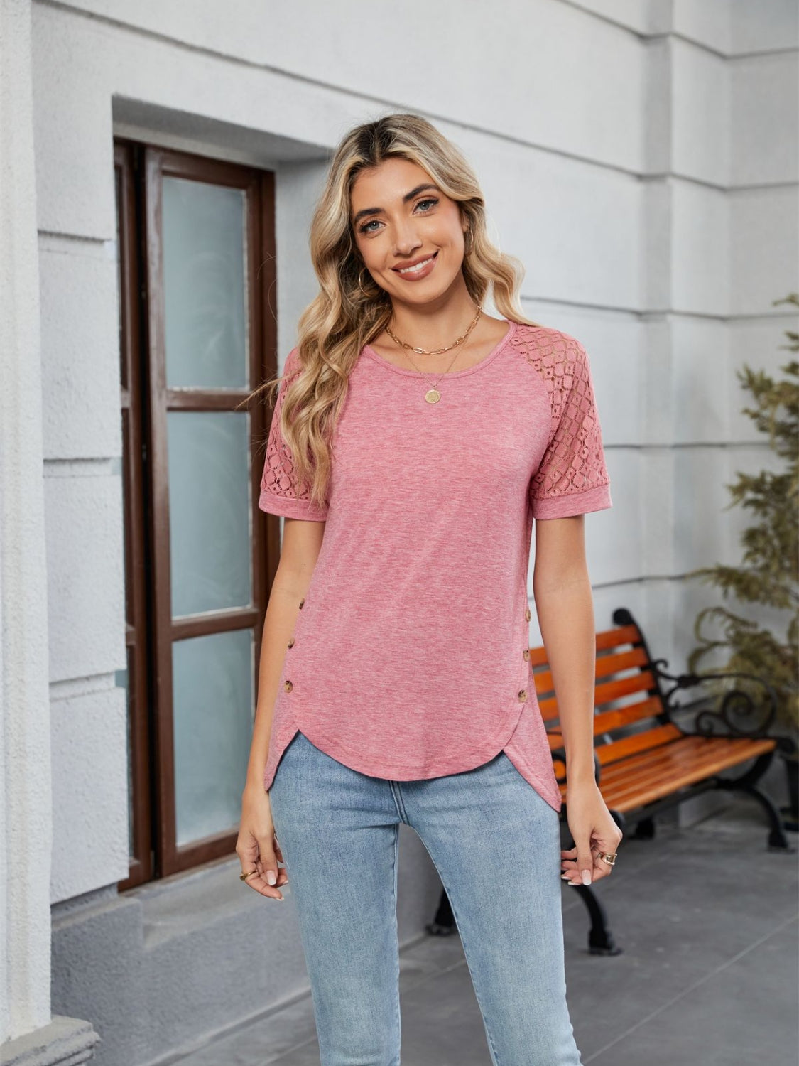 Round Neck Lace Short Sleeve T-Shirt
