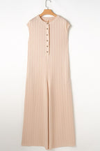 Textured Button Front Wide Leg Cap Sleeve Jumpsuit