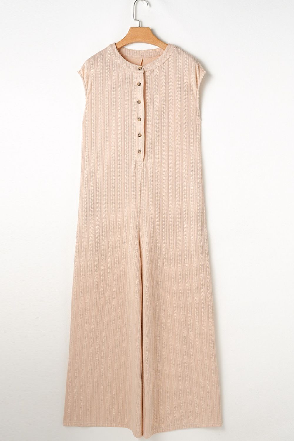 Textured Button Front Wide Leg Cap Sleeve Jumpsuit