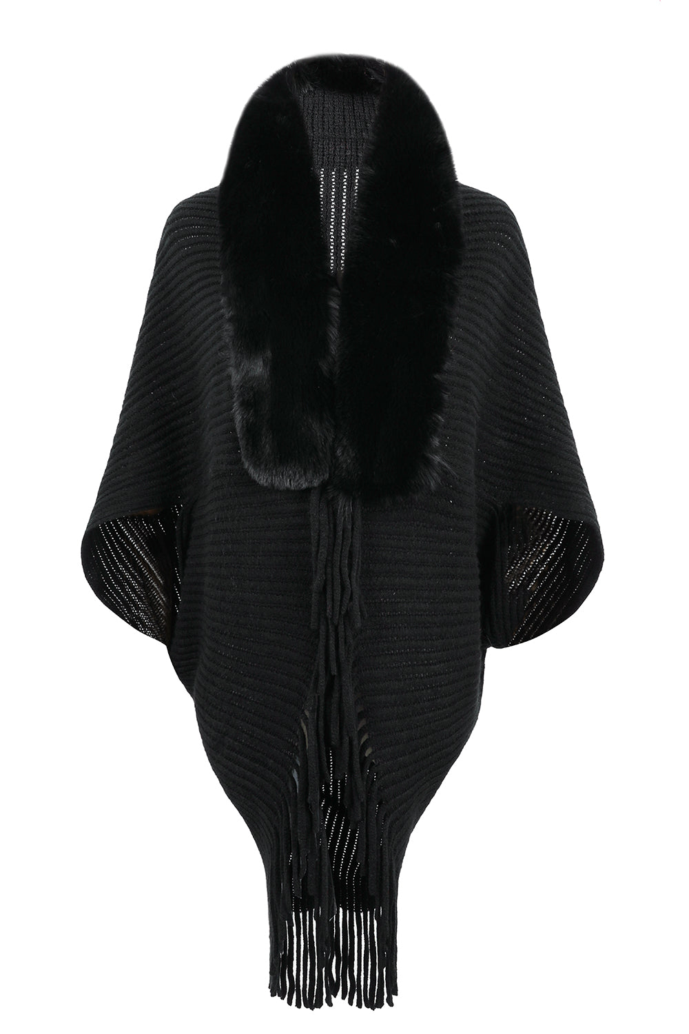 Fringe Detail Long Sleeve Ribbed Poncho - felvior
