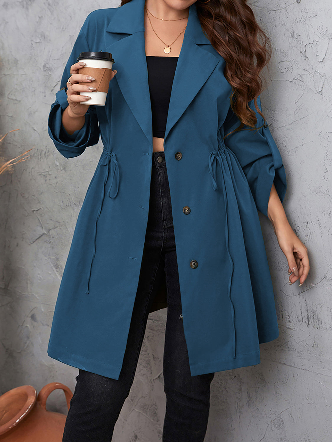 Honey Plus Size Lapel Collar Drawstring Roll-Tab Sleeve Trench Coat - felvior