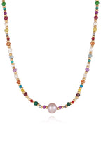 multicolored bead necklace with freshwater pearls featuring crystal beads and a central pearl pendant