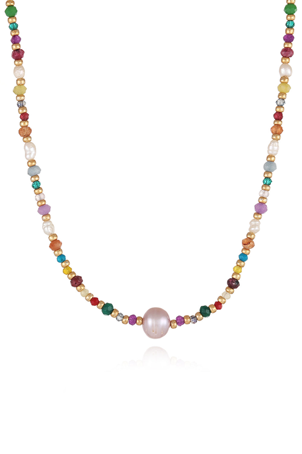 multicolored bead necklace with freshwater pearls featuring crystal beads and a central pearl pendant