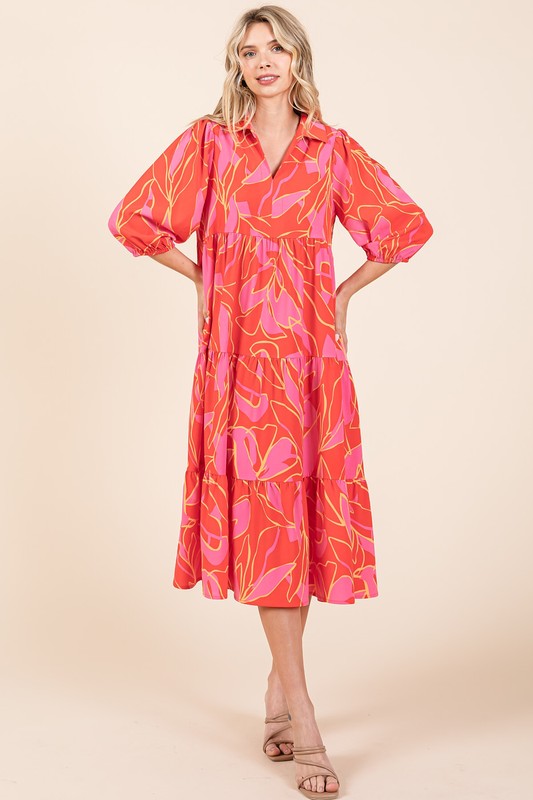 Mittoshop Tiered Printed Collared Neck Midi Dress - felvior