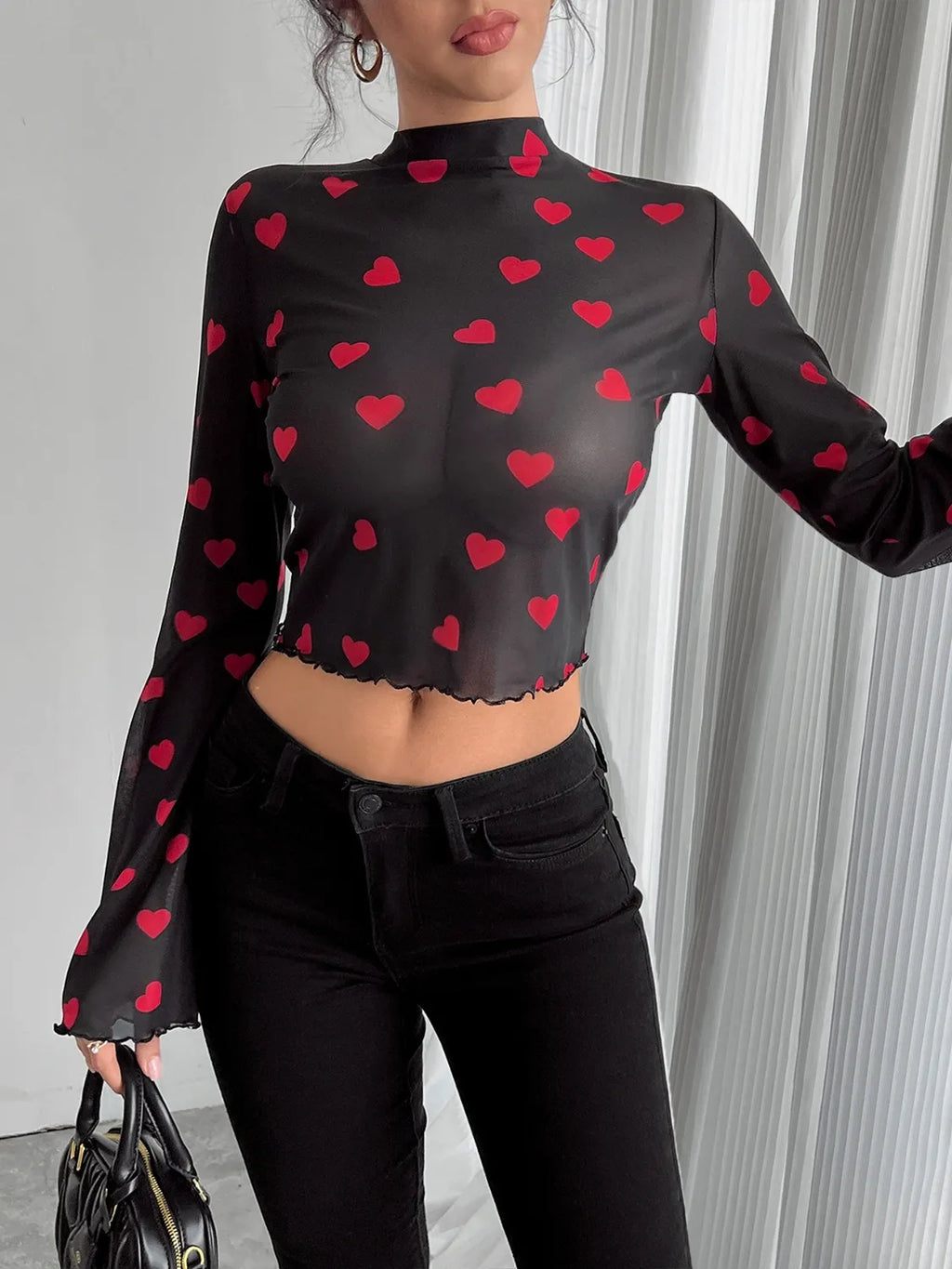 Printed Mock Neck Long Sleeve Cropped T-Shirt