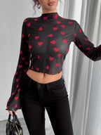 Printed Mock Neck Long Sleeve Cropped T-Shirt