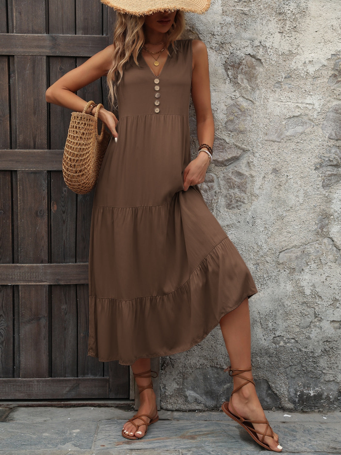 Ivy Lane Decorative Button Notched Sleeveless Dress - felvior