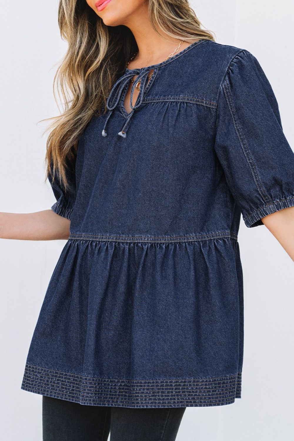 Tie Neck Babydoll Denim Top - felvior