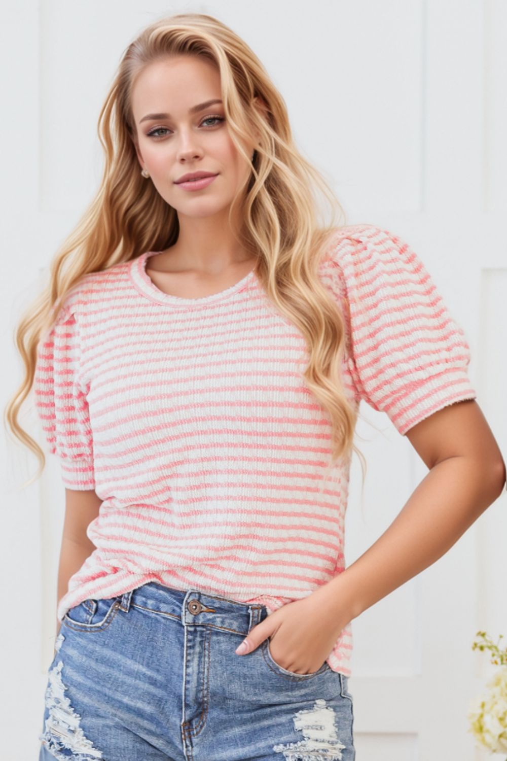 Stripe Textured Puff Sleeve Crewneck Top - felvior
