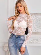 Mock Neck Long Sleeve Lace Sheer Top