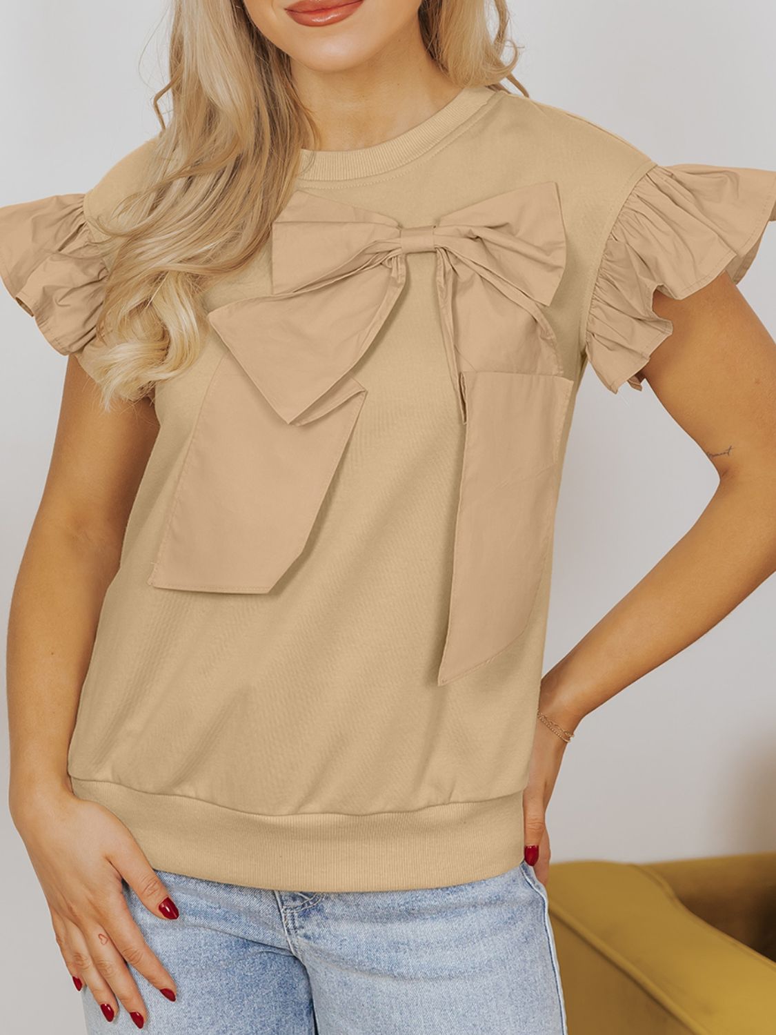 Bow Ruffled Round Neck Cap Sleeve Blouse
